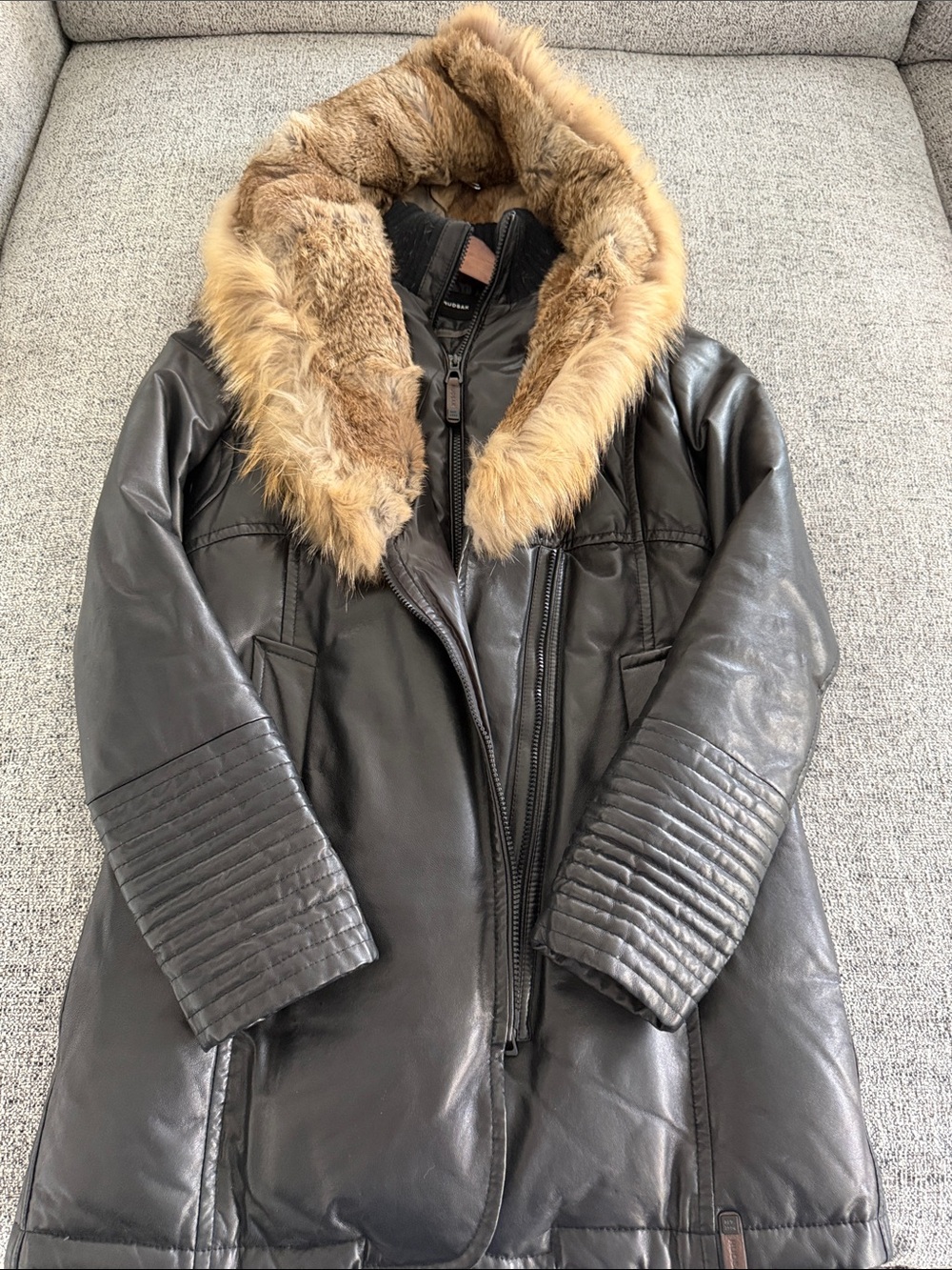 RUDSAK Black Leather Coat with Tan Fur Trim Hood